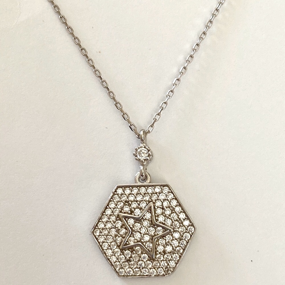 925 Silver hexagon star compass cz stones necklace - Picture 2 of 2